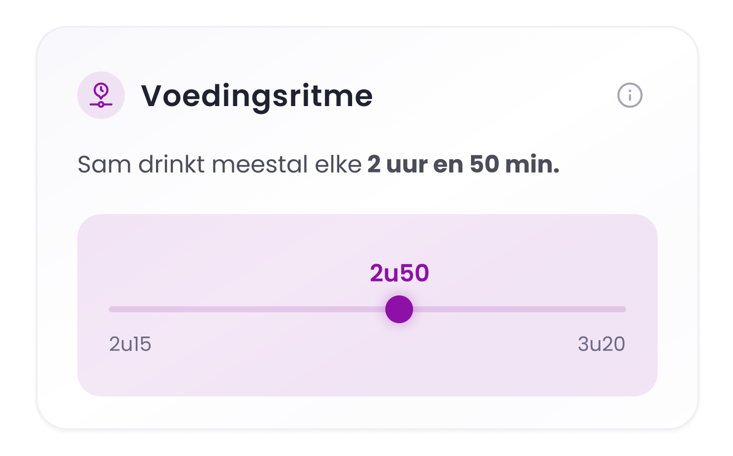 Evi laat het voedingsritme van Sam zien. Sam drinkt meestal elke 2 uur en 50 minuten.